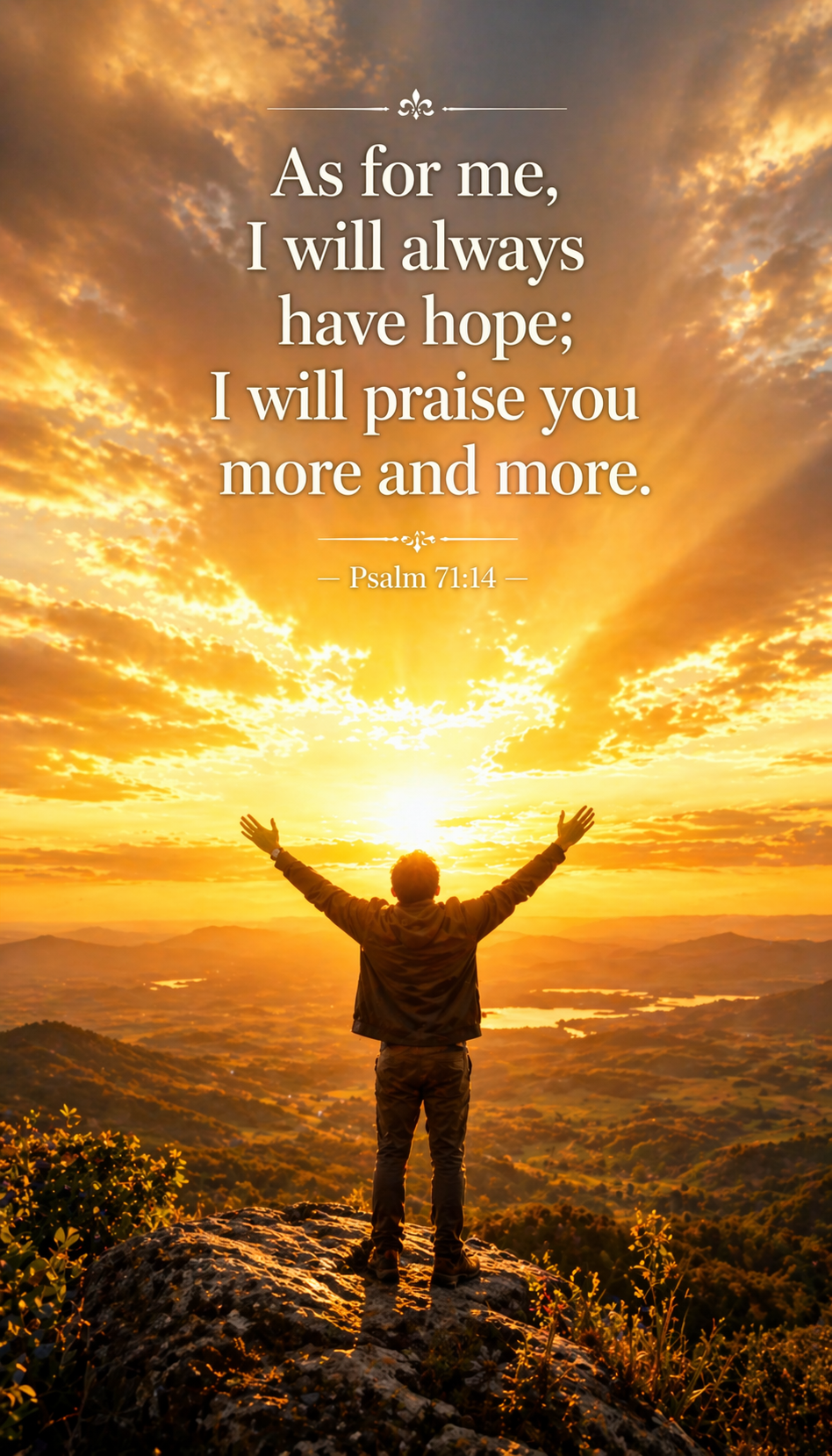 Person standing on cliff arms raised in worship face uplifted toward radiant golden sunrise filling sky above -- Psalm 71:14 vertical wallpaper
